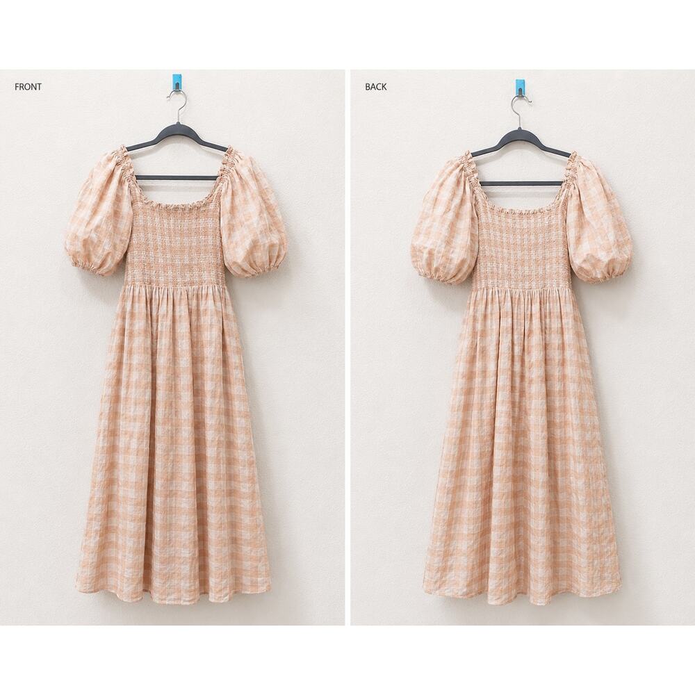Charina Sarte Selena Dress Gingham Linen Puff Sleeve Midi Dress Large - Picture 8 of 12